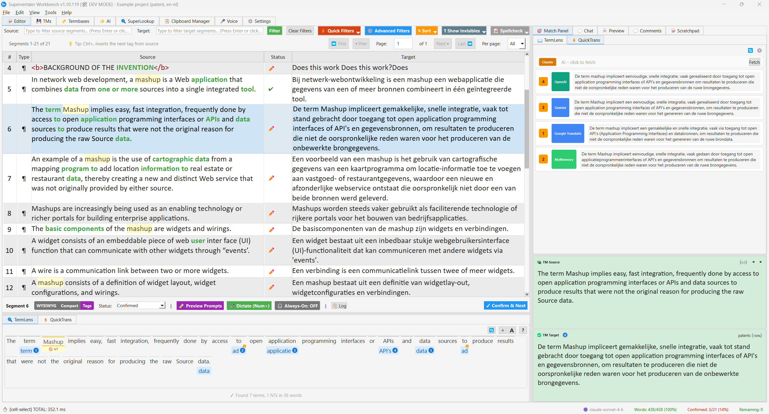 Supervertaler Workbench – translation grid with TermLens, QuickTrans, and TM panels